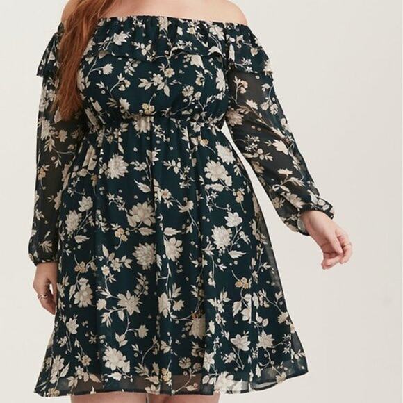 Torrid Off the Shoulder Skater Dress Women's Size 1X Green Floral Bardot Boho - Picture 1 of 10